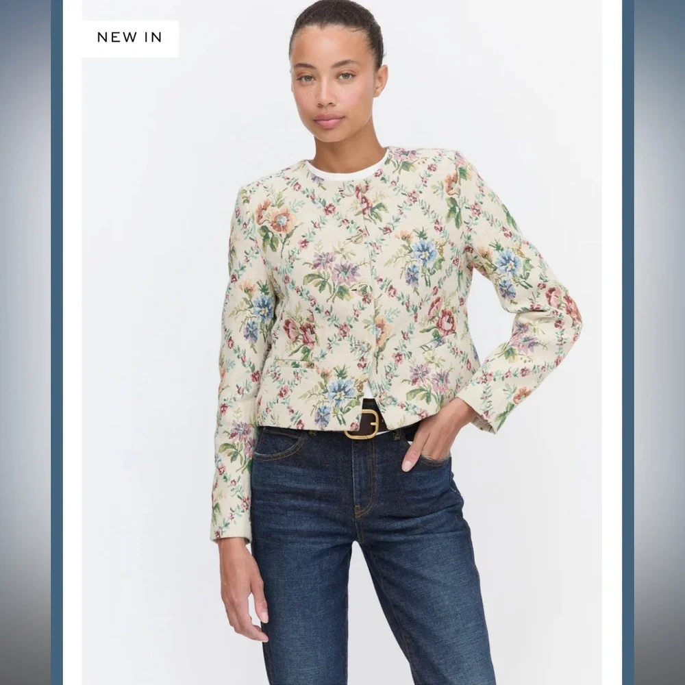 Hill House Home The Virginia Jacket in Tapestry Trellis Brocade Cream Pink Multi - Picture 3 of 8